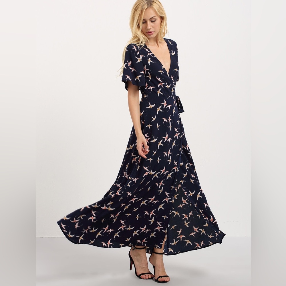 Colorful V-Cut Bird Wrap Maxi Dress